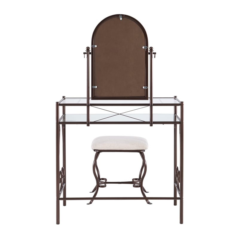 Linon Clarisse Metal & Glass Vanity & Padded Stool Set Arched Mirror in Bronze