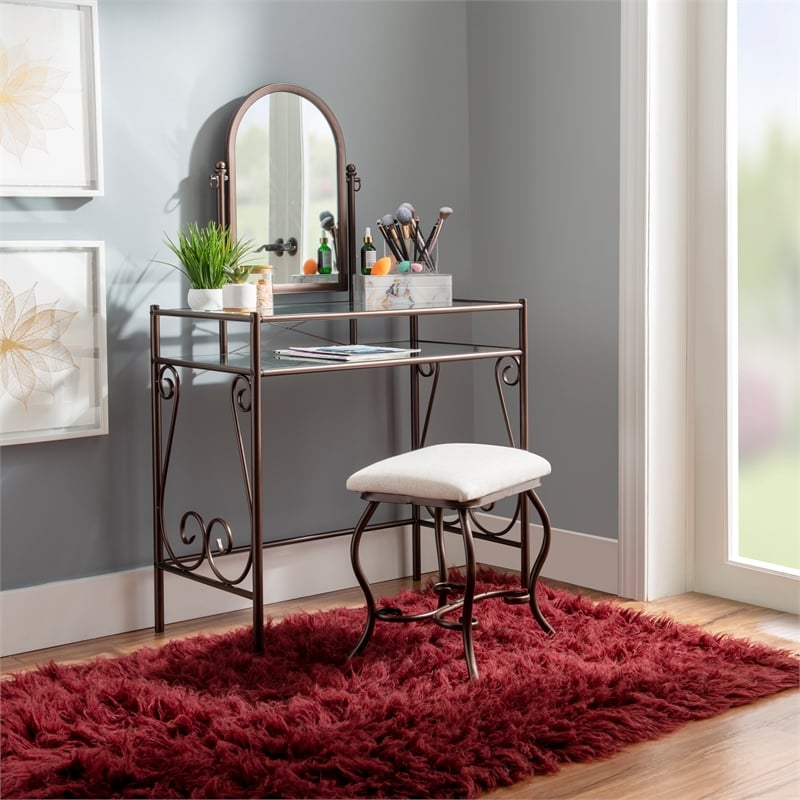 Linon Clarisse Metal & Glass Vanity & Padded Stool Set Arched Mirror in Bronze