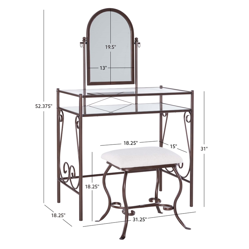 Linon Clarisse Metal & Glass Vanity & Padded Stool Set Arched Mirror in Bronze