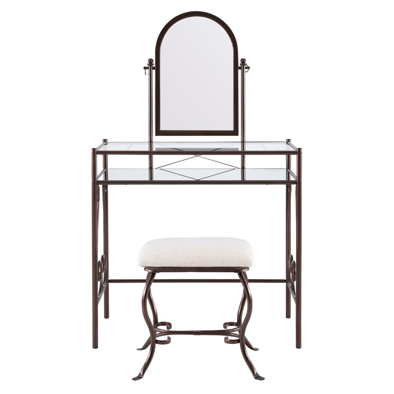 Linon Clarisse Metal & Glass Vanity & Padded Stool Set Arched Mirror in Bronze