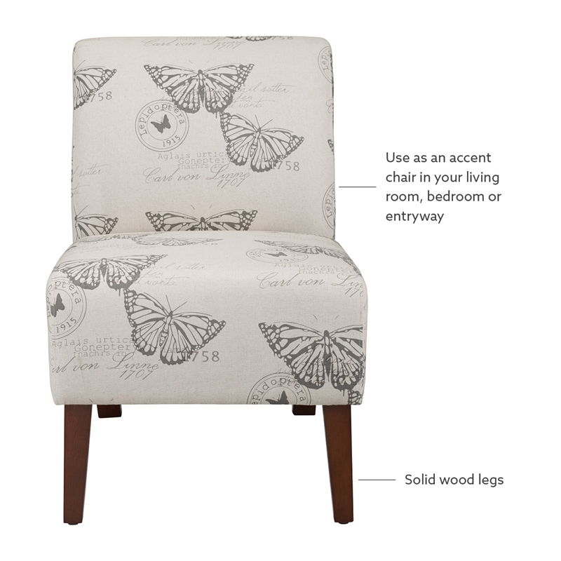 Linon Lily Upholstered Accent Chair Wood Legs in Gray Butterfly Printed Fabric