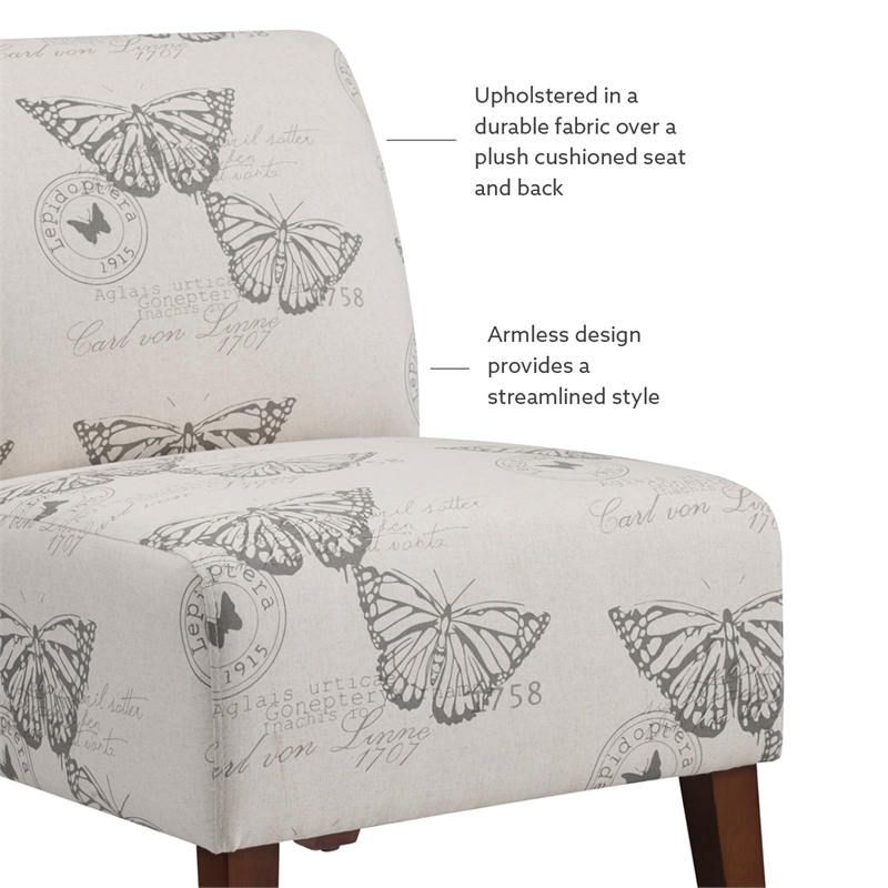 Linon Lily Upholstered Accent Chair Wood Legs in Gray Butterfly Printed Fabric