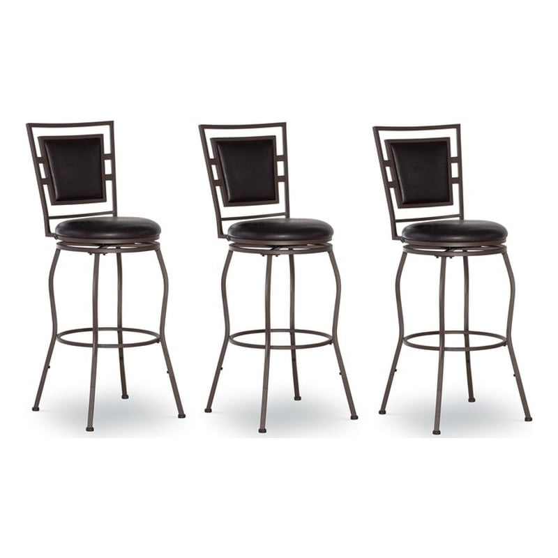 Linon Townsend Metal Adjustable Height Stools Set of 3 in Dk Brown Faux Leather