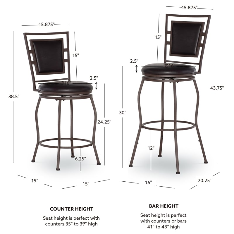 Linon Townsend Metal Adjustable Height Stools Set of 3 in Dk Brown Faux Leather
