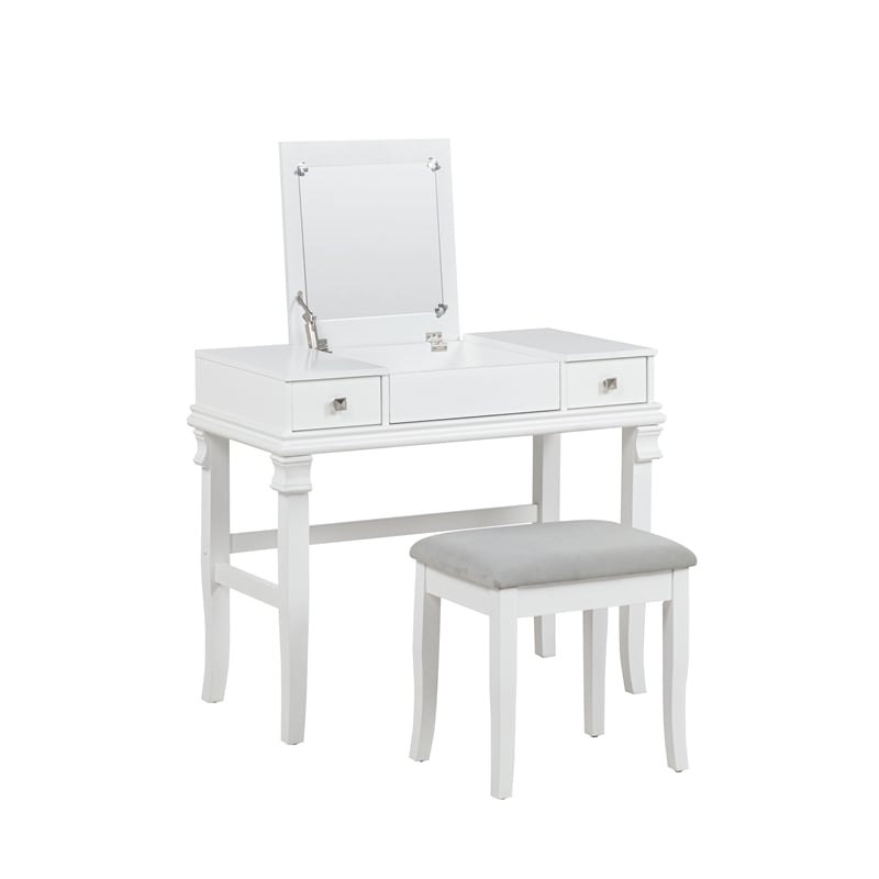 Linon Angela Wood Vanity & Padded Beige Stool 2 Drawers Flip Up Mirror in White