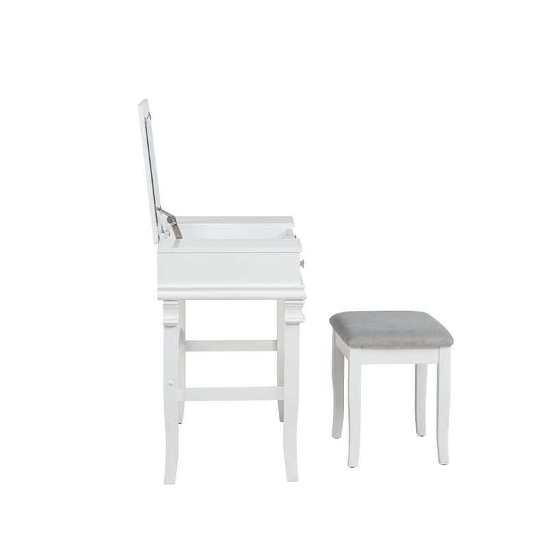 Linon Angela Wood Vanity & Padded Beige Stool 2 Drawers Flip Up Mirror in White