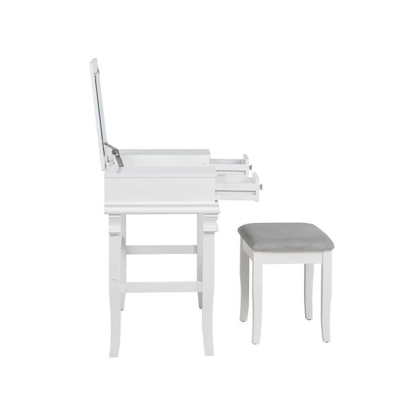 Linon Angela Wood Vanity & Padded Beige Stool 2 Drawers Flip Up Mirror in White