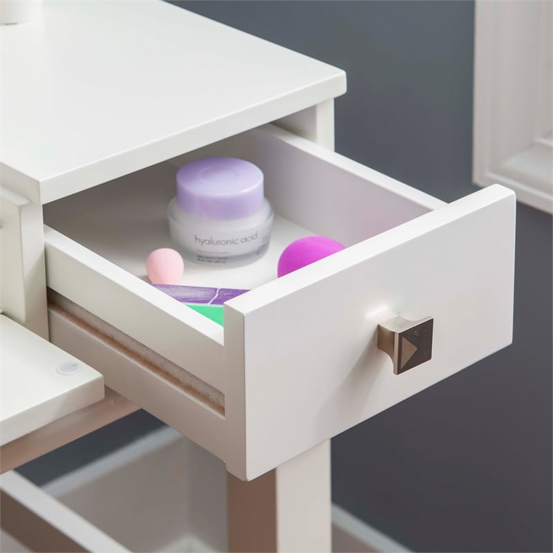 Linon Angela Wood Vanity & Padded Beige Stool 2 Drawers Flip Up Mirror in White