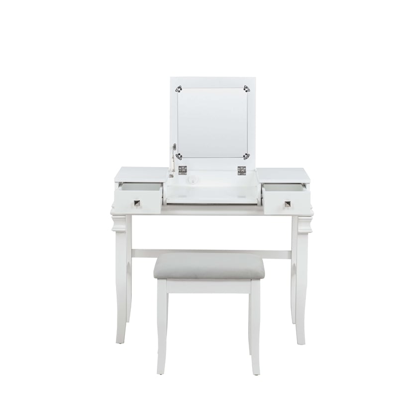 Linon Angela Wood Vanity & Padded Beige Stool 2 Drawers Flip Up Mirror in White