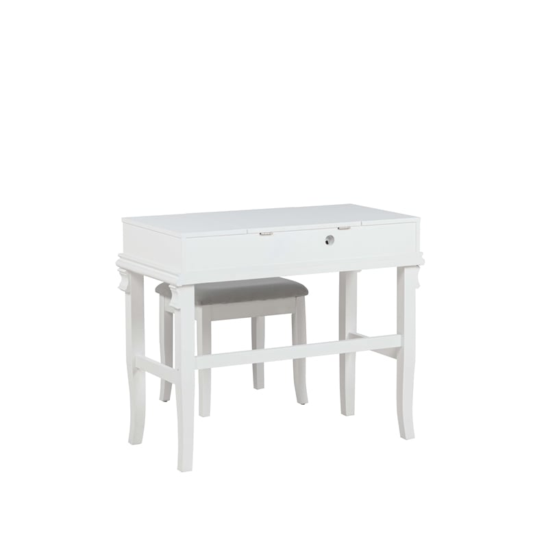 Linon Angela Wood Vanity & Padded Beige Stool 2 Drawers Flip Up Mirror in White