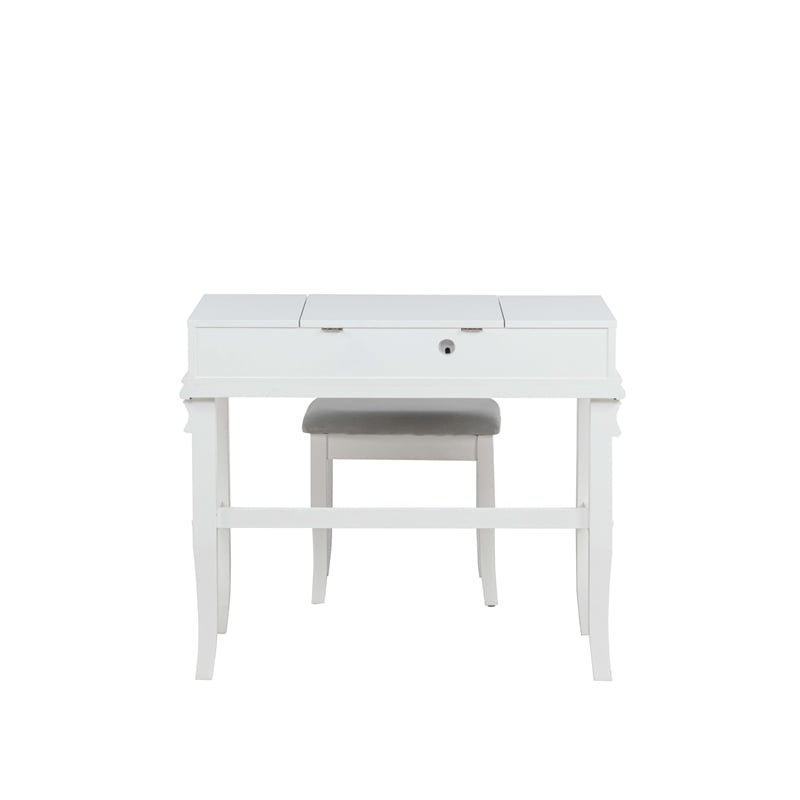 Linon Angela Wood Vanity & Padded Beige Stool 2 Drawers Flip Up Mirror in White