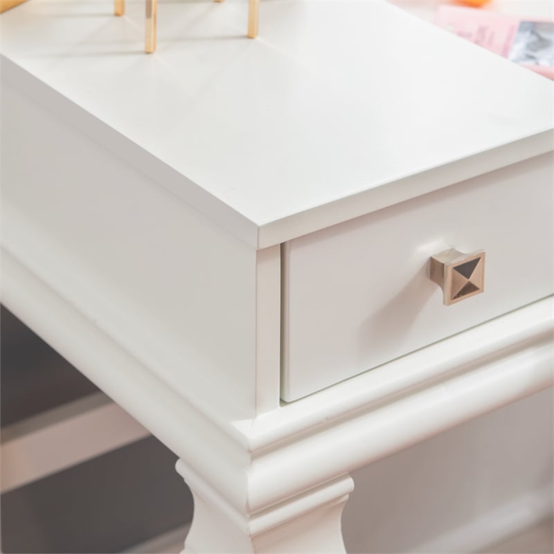 Linon Angela Wood Vanity & Padded Beige Stool 2 Drawers Flip Up Mirror in White