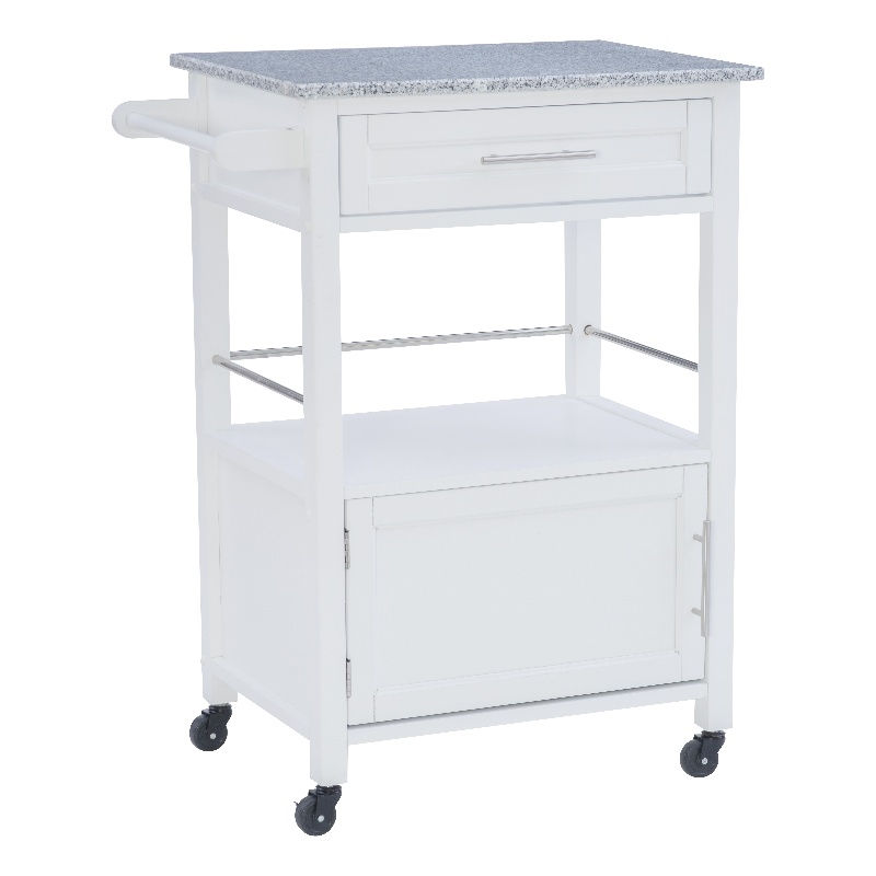 Linon Mitchell Wood Granite Top Rolling Kitchen Cart Ample Storage in White
