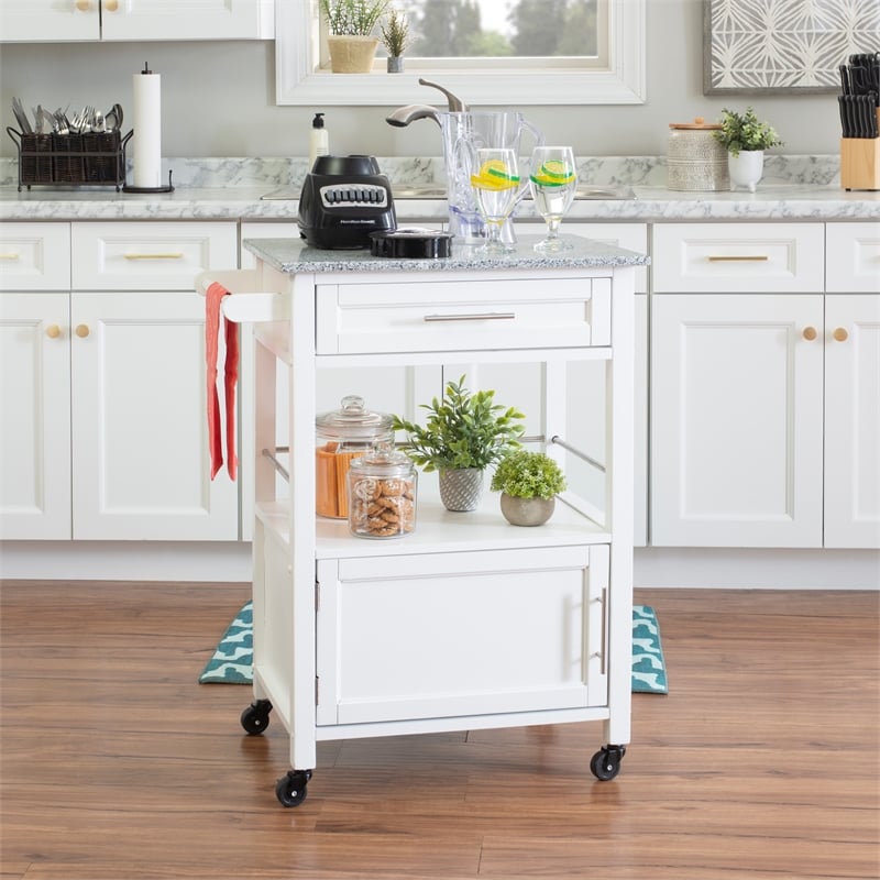 Linon Mitchell Wood Granite Top Rolling Kitchen Cart Ample Storage in White