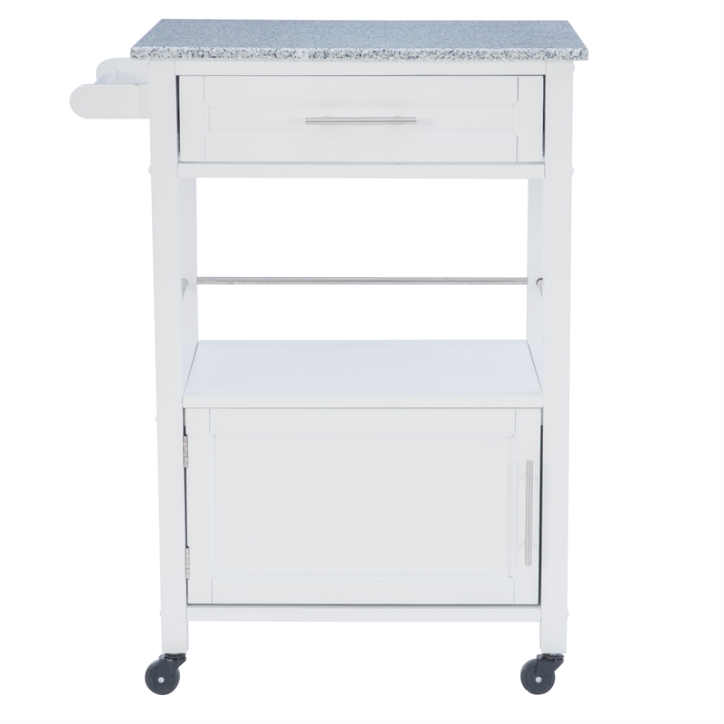 Linon Mitchell Wood Granite Top Rolling Kitchen Cart Ample Storage in White