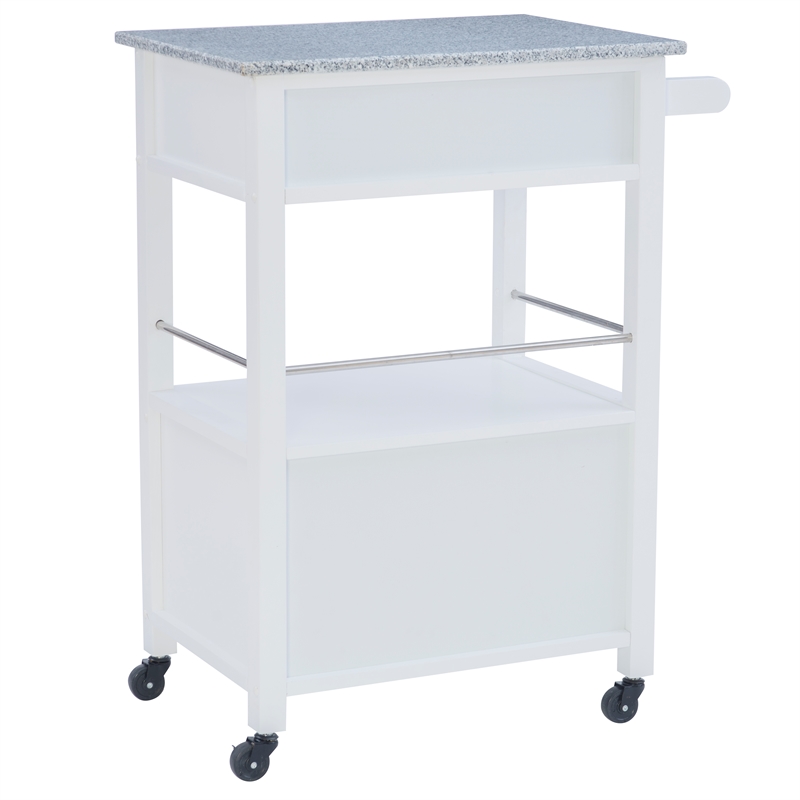 Linon Mitchell Wood Granite Top Rolling Kitchen Cart Ample Storage in White