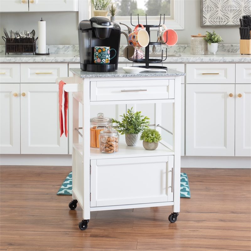 Linon Mitchell Wood Granite Top Rolling Kitchen Cart Ample Storage in White