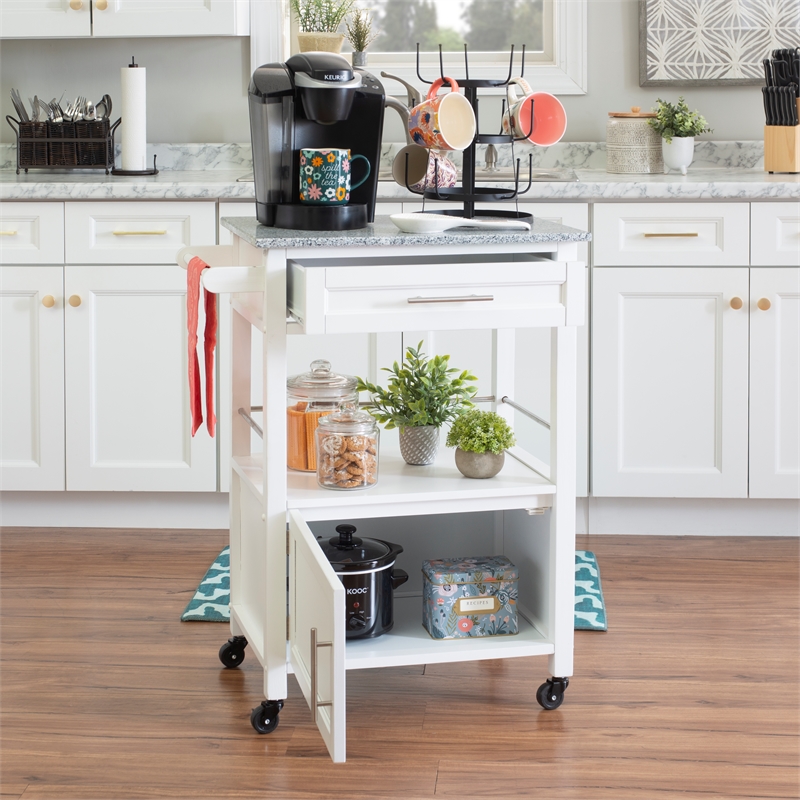 Linon Mitchell Wood Granite Top Rolling Kitchen Cart Ample Storage in White