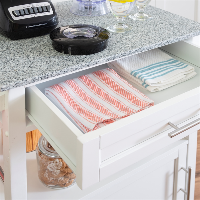 Linon Mitchell Wood Granite Top Rolling Kitchen Cart Ample Storage in White