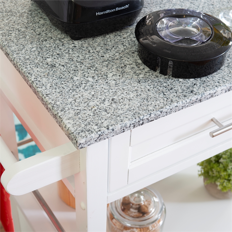 Linon Mitchell Wood Granite Top Rolling Kitchen Cart Ample Storage in White