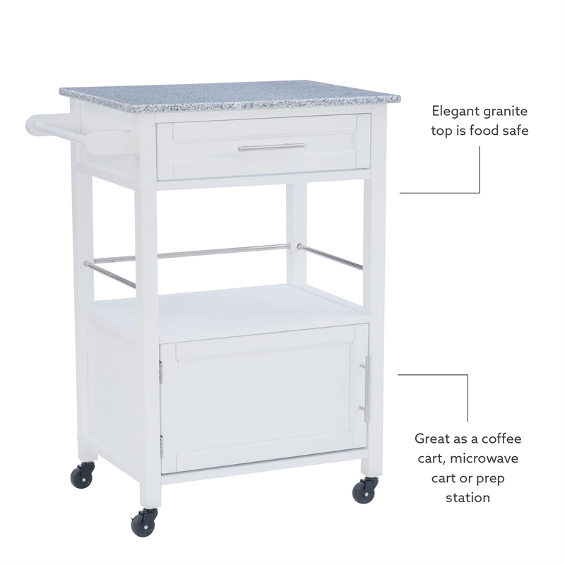 Linon Mitchell Wood Granite Top Rolling Kitchen Cart Ample Storage in White