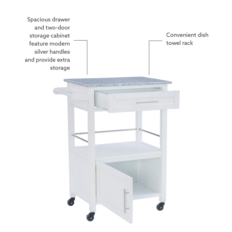 Linon Mitchell Wood Granite Top Rolling Kitchen Cart Ample Storage in White