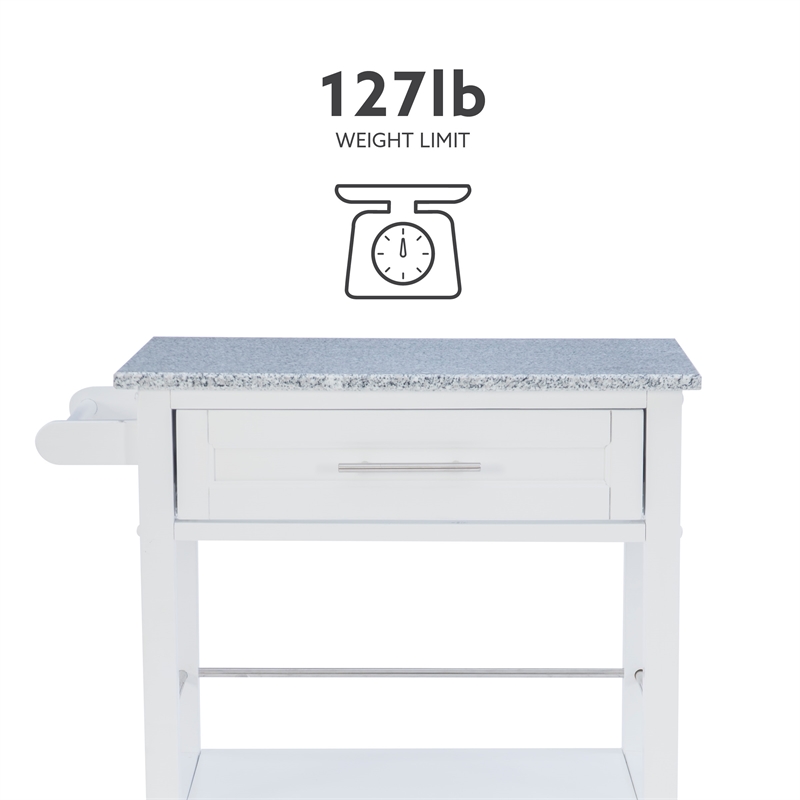 Linon Mitchell Wood Granite Top Rolling Kitchen Cart Ample Storage in White