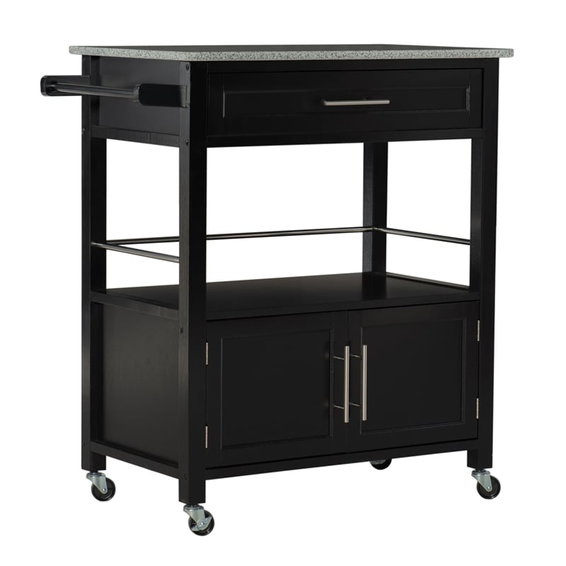 Linon Cameron Wood Granite Top Rolling Kitchen Cart Ample Storage in Black