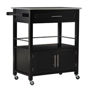 Linon Cameron Wood Granite Top Rolling Kitchen Cart Ample Storage in Black