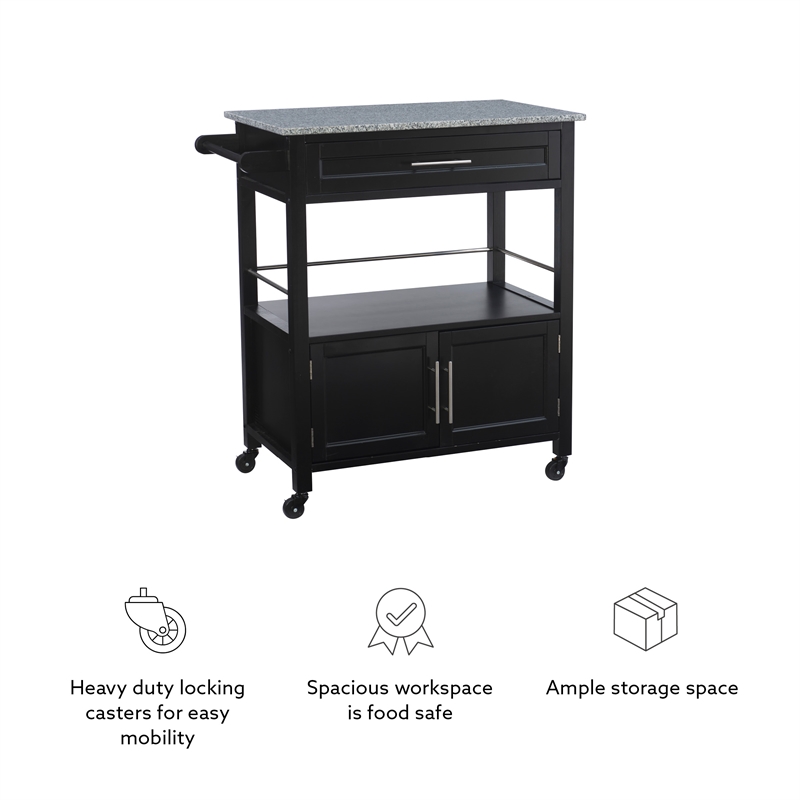 Linon Cameron Wood Granite Top Rolling Kitchen Cart Ample Storage in Black