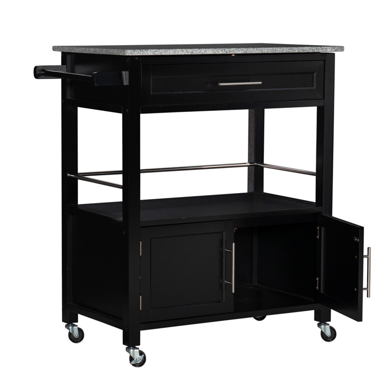 Linon Cameron Wood Granite Top Rolling Kitchen Cart Ample Storage in Black