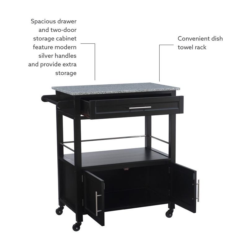 Linon Cameron Wood Granite Top Rolling Kitchen Cart Ample Storage in Black