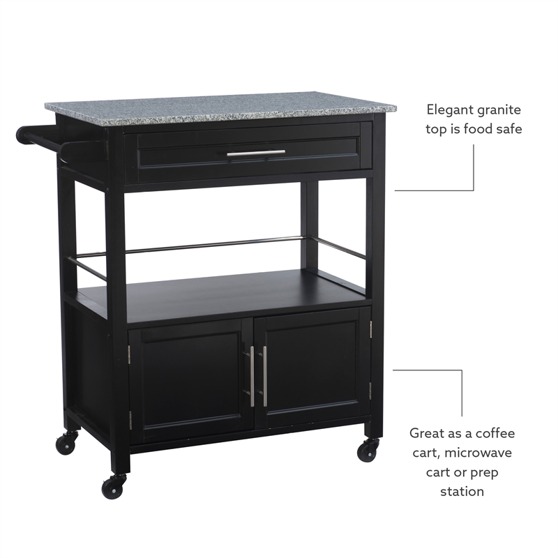 Linon Cameron Wood Granite Top Rolling Kitchen Cart Ample Storage in Black