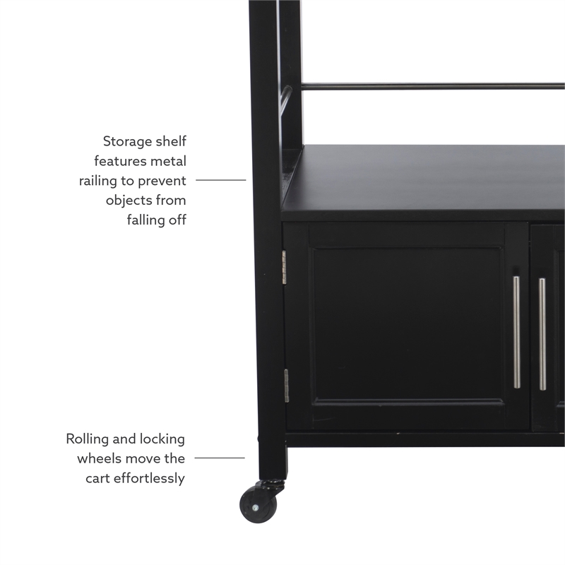 Linon Cameron Wood Granite Top Rolling Kitchen Cart Ample Storage in Black