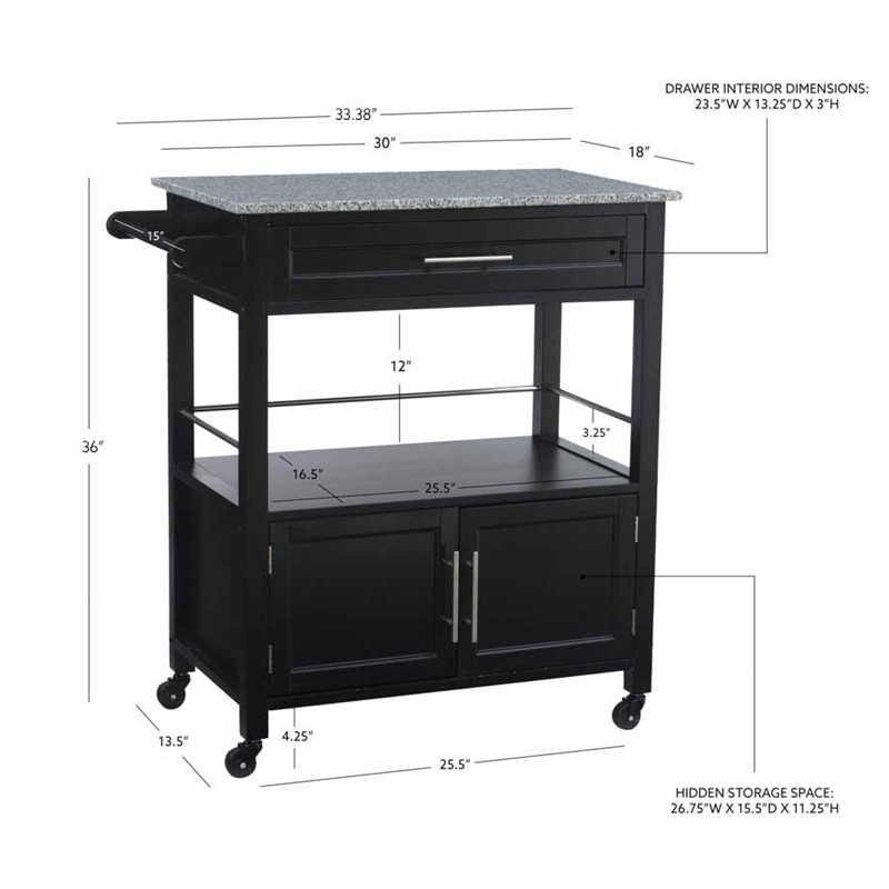 Linon Cameron Wood Granite Top Rolling Kitchen Cart Ample Storage in Black