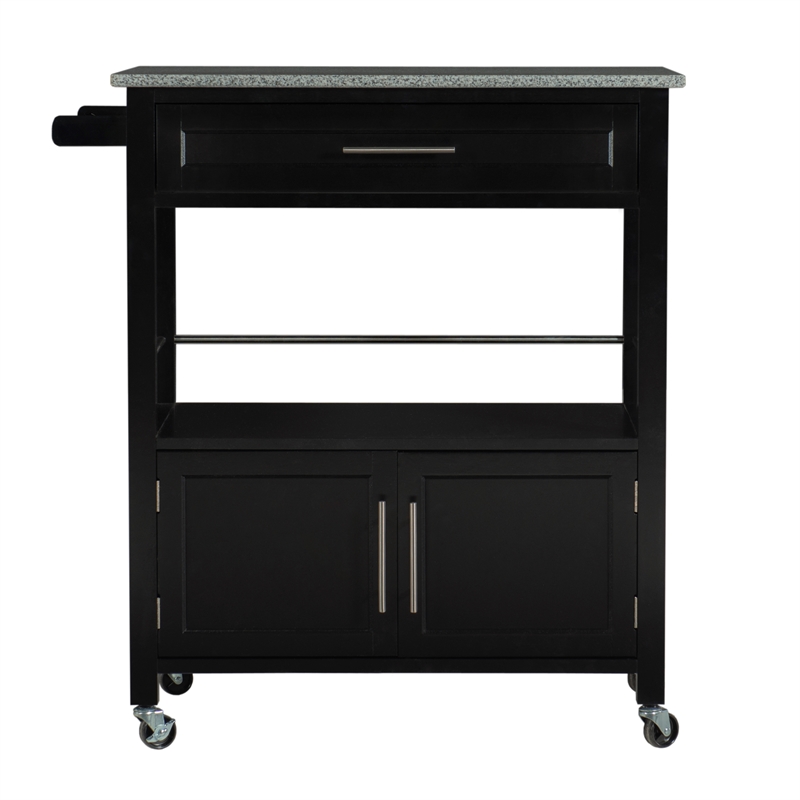 Linon Cameron Wood Granite Top Rolling Kitchen Cart Ample Storage in Black