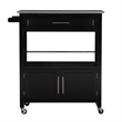 Linon Cameron Wood Granite Top Rolling Kitchen Cart Ample Storage in Black