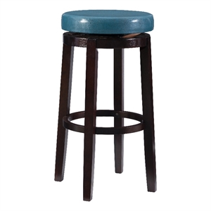 Linon Maya 31&quot Teal Blue Faux Leather Swivel Bar Stool in Brown Wood Frame
