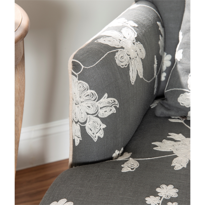 Linon Lauretta Upholstered Floral Embroidered Arm Chair with Pillow in Gray