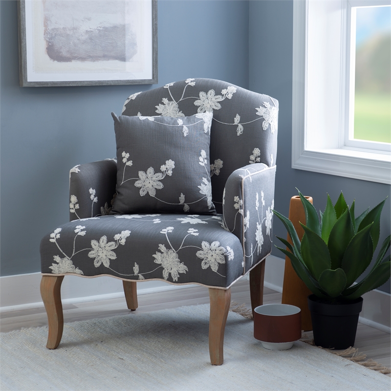 Linon Lauretta Upholstered Floral Embroidered Arm Chair with Pillow in Gray