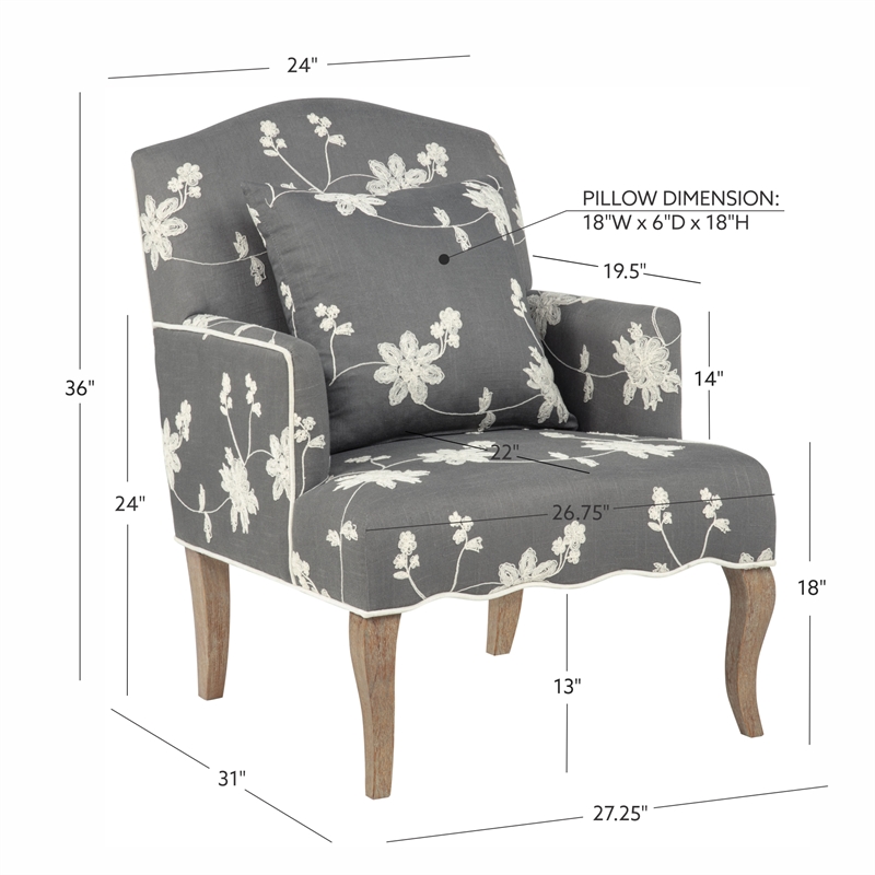 Linon Lauretta Upholstered Floral Embroidered Arm Chair with Pillow in Gray