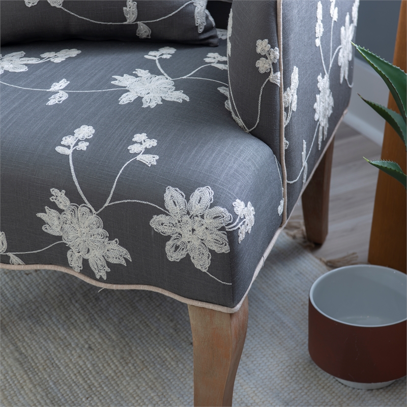 Linon Lauretta Upholstered Floral Embroidered Arm Chair with Pillow in Gray