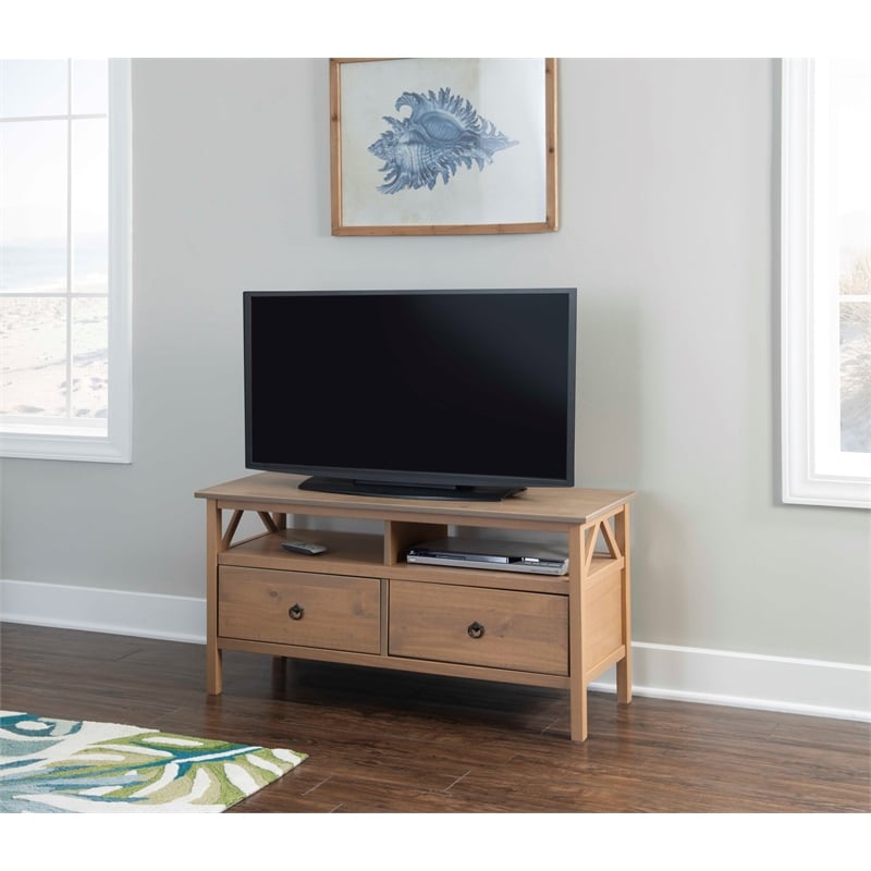 Linon Titian Pine Wood TV Media Stand Open Shelves 2 Drawers in Driftwood Finish