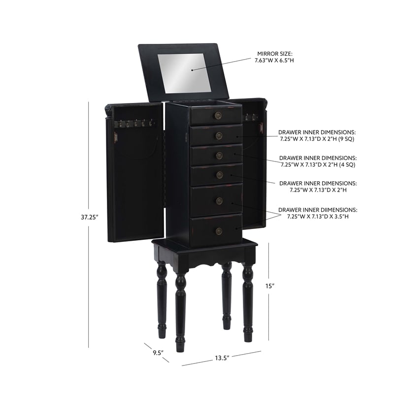 Linon Esther Distressed Wood Jewelry Armoire in Ebony Black