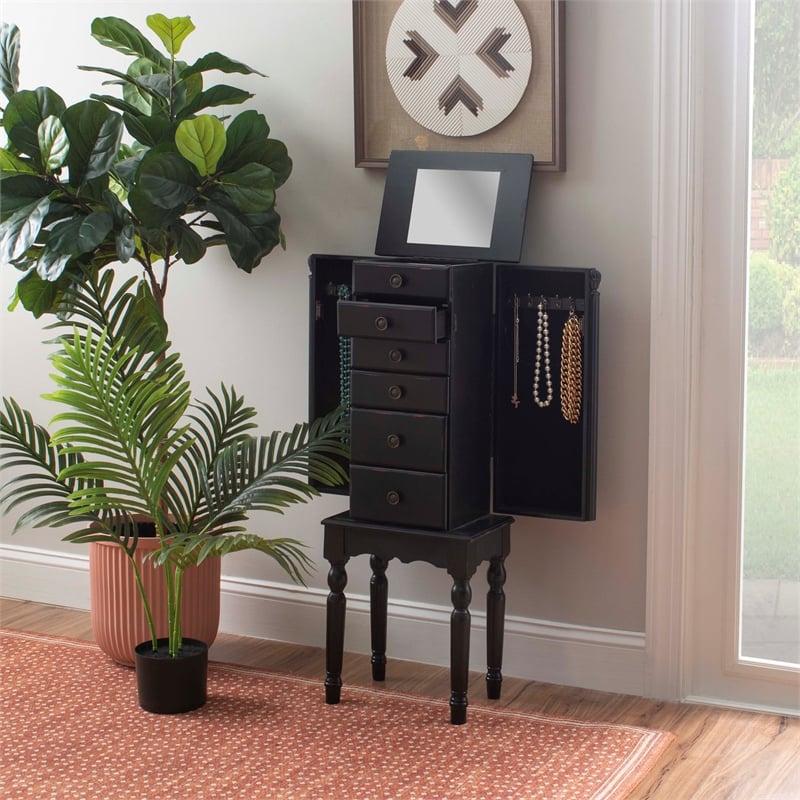 Linon Esther Distressed Wood Jewelry Armoire in Ebony Black