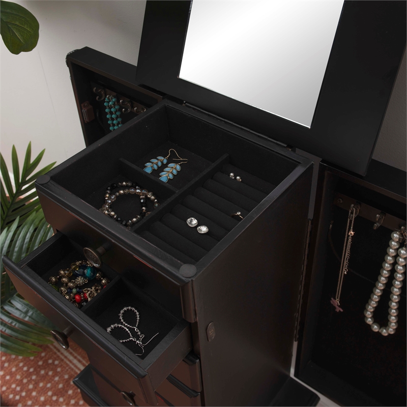 Linon Esther Distressed Wood Jewelry Armoire in Ebony Black