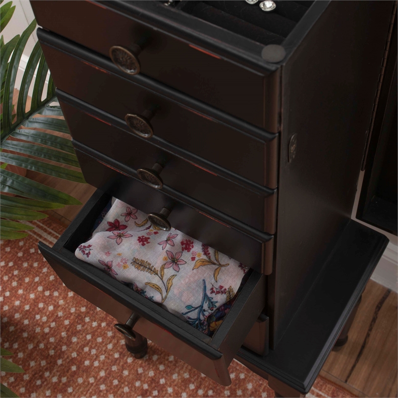 Linon Esther Distressed Wood Jewelry Armoire in Ebony Black