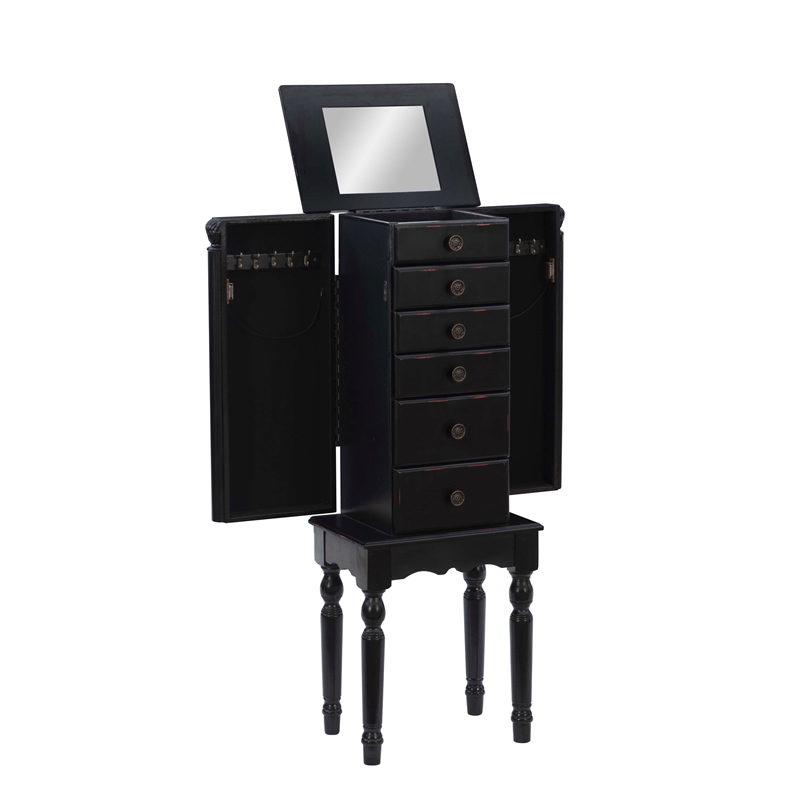 Linon Esther Distressed Wood Jewelry Armoire in Ebony Black