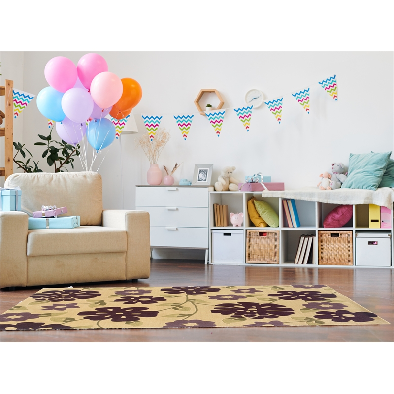 Linon Trio Flowers Hand Tufted Polyester 5'x7' Rug in Cream and Purple