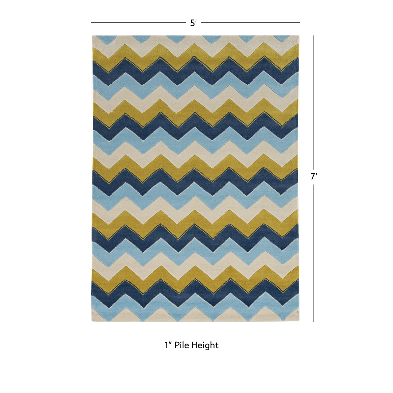 Linon Trio Zag Hand Tufted Polyester 5'x7' Rug in Blue